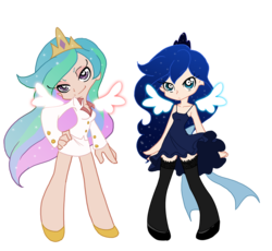 Size: 938x862 | Tagged: dead source, safe, artist:the-orator, princess celestia, princess luna, angel, human, g4, crossover, duo, duo female, female, humanized, panty and stocking with garterbelt, simple background, style emulation, transparent background, winged humanization, wings