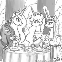 Size: 800x800 | Tagged: safe, artist:johnjoseco, princess celestia, princess luna, alicorn, pony, g4, alicornified, female, grayscale, mare, monochrome, nintendo, ponified, princess peach, princess zelda, race swap, super mario bros., tea, tea party, the legend of zelda