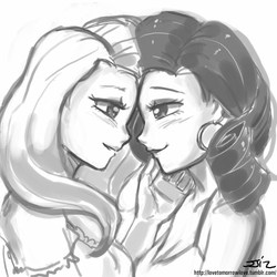 Size: 850x850 | Tagged: safe, artist:johnjoseco, fluttershy, rarity, human, g4, blushing, cleavage, ear piercing, earring, eye contact, female, grayscale, humanized, imminent kissing, jewelry, lesbian, looking at each other, monochrome, piercing, ship:flarity, shipping