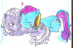 Size: 828x539 | Tagged: safe, artist:linadoon, artist:linadoonofficial, rainbow dash (g3), wysteria, earth pony, pony, g3, blushing, cuddling, eyes closed, female, heart, lesbian, licking, lined paper, lying down, mare, prone, ship:wysteriadash, shipping, simple background, tongue out, traditional art