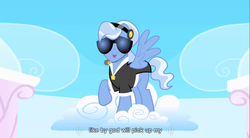 Size: 855x472 | Tagged: safe, edit, edited screencap, screencap, madden, pegasus, pony, g4, sonic rainboom (episode), caption, cloud, god, headset, male, raised hoof, solo, stallion, sunglasses, text, youtube caption