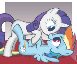 Size: 1390x1150 | Tagged: safe, artist:langbard, rainbow dash, rarity, pegasus, pony, unicorn, g4, bed, eye contact, female, lesbian, looking at each other, mare, on back, on bed, ship:raridash, shipping, smiling