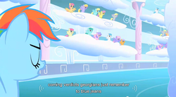 Size: 853x472 | Tagged: safe, screencap, cloud kicker, derpy hooves, lightning bolt, parasol, rainbow dash, rainbowshine, sassaflash, spring melody, sprinkle medley, white lightning, pegasus, pony, g4, season 1, sonic rainboom (episode), female, mare, youtube caption