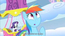 Size: 854x472 | Tagged: safe, screencap, dizzy twister, endless clouds, high spirits, orange swirl, rainbow dash, rarity, wing wishes, pegasus, pony, unicorn, g4, my little pony: friendship is magic, season 1, sonic rainboom (episode), female, hot air balloon, mare, twinkling balloon, youtube caption