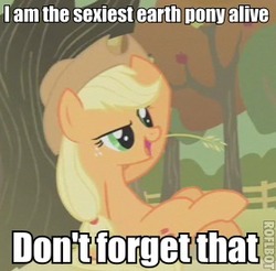 Size: 280x275 | Tagged: safe, edit, edited screencap, screencap, applejack, earth pony, pony, g4, my little pony: friendship is magic, female, image macro, mare, sexiest pony alive, sitting, solo