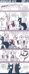 Size: 600x1500 | Tagged: safe, artist:johnjoseco, princess celestia, princess luna, alicorn, earth pony, pony, ask princess molestia, princess molestia, g4, blushing, comic, female, mare, monochrome, wondercon 2012