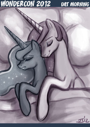 Size: 600x841 | Tagged: safe, artist:johnjoseco, princess celestia, princess luna, alicorn, pony, ask princess molestia, g4, bed, comic, duo, duo female, female, mare, monochrome, on side, sleeping