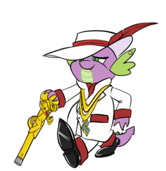 Size: 1002x1032 | Tagged: safe, artist:bunnimation, rarity, spike, dragon, g4, cane, clothes, feather, hat, male, pimp, simple background, solo, swag, transparent background, walking