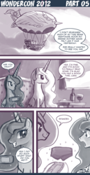 Size: 600x1163 | Tagged: safe, artist:johnjoseco, princess celestia, princess luna, alicorn, pony, ask princess molestia, princess molestia, g4, airship, comic, duo, duo female, female, mare, monochrome, sitting, wondercon 2012