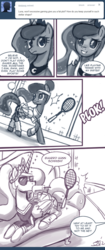 Size: 550x1310 | Tagged: safe, artist:johnjoseco, princess celestia, princess luna, alicorn, pony, ask princess molestia, gamer luna, g4, clothes, comic, couch, duo, duo female, female, mare, monochrome, sports, sunglasses, tennis