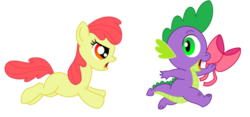 Size: 900x421 | Tagged: safe, artist:aleximusprime, apple bloom, spike, dragon, earth pony, pony, g4, accessory theft, angry, bow, duo, duo male and female, female, filly, male, running, simple background, smiling, thief, transparent background, vector