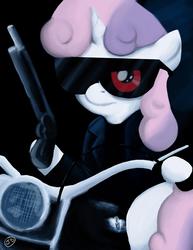 Size: 1000x1294 | Tagged: safe, artist:the-kinetic, sweetie belle, pony, robot, unicorn, g4, female, filly, gun, hooves, horn, lever action, m1887, motorcycle, parody, shotgun, solo, sunglasses, sweetie bot, terminator, weapon