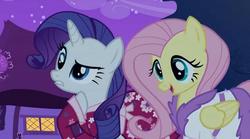 Size: 640x356 | Tagged: safe, screencap, fluttershy, rarity, pegasus, pony, unicorn, g4, my little pony: friendship is magic, read it and weep, bathrobe, clothes, female, kimono (clothing), mare, night, nightgown, robe