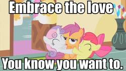 Size: 800x450 | Tagged: safe, edit, edited screencap, screencap, apple bloom, scootaloo, sweetie belle, earth pony, pegasus, pony, unicorn, g4, season 1, the cutie mark chronicles, cutie mark crusaders, female, filly, gang hape, group hug, hape, hug, image macro, personal space invasion, sugarcube corner