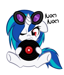 Size: 2400x2800 | Tagged: safe, artist:bamboodog, dj pon-3, vinyl scratch, pony, unicorn, g4, female, filly, floppy ears, nom, one eye closed, simple background, sitting, solo, transparent background, wrong eye color