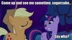 Size: 640x360 | Tagged: safe, edit, edited screencap, screencap, applejack, twilight sparkle, earth pony, pony, unicorn, g4, caption, duo, duo female, female, image macro, mare, text