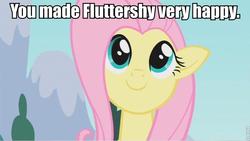 Size: 853x480 | Tagged: safe, edit, edited screencap, screencap, fluttershy, pegasus, pony, g4, female, image macro, mare, smiling, solo