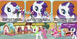 Size: 707x363 | Tagged: safe, screencap, pinkie pie, rarity, oc, earth pony, pony, unicorn, g4, adventures in ponyville, candy cane, candy in every orifice, female, gentlemen, mare