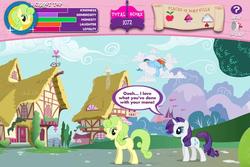 Size: 747x498 | Tagged: safe, screencap, carrot top, golden harvest, rainbow dash, rarity, earth pony, pony, unicorn, g4, official, adventures in ponyville, blatant lies, dialogue, duo, duo female, female, game, green hair, lies, mare, speech bubble