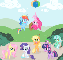 Size: 1011x966 | Tagged: safe, artist:bamboodog, applejack, fluttershy, lyra heartstrings, pinkie pie, rainbow dash, rarity, spike, twilight sparkle, dragon, earth pony, pegasus, pony, unicorn, g4, accessory theft, balloon, bench, chibi, dragon hat, dragons riding ponies, floating, male, mane seven, rearing, riding, sitting, spike riding twilight, then watch her balloons lift her up to the sky, tongue out