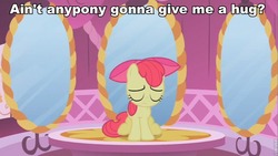 Size: 853x480 | Tagged: safe, edit, edited screencap, screencap, apple bloom, earth pony, pony, g4, bronybait, carousel boutique, eyes closed, female, filly, hug, image macro, sad, sitting