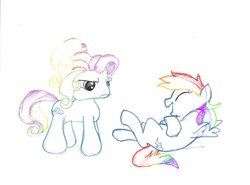 Size: 1023x756 | Tagged: safe, artist:fisher, rainbow dash, rainbow dash (g3), earth pony, pegasus, pony, g3, g3.5, g4, duo, duo female, female, g3 hate, laughing, mare, simple background, unamused, white background