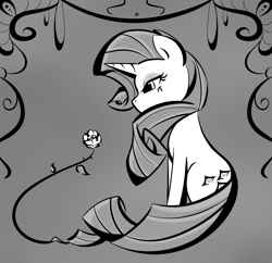 Size: 980x949 | Tagged: safe, artist:bamboodog, rarity, pony, unicorn, g4, female, flower, grayscale, mare, monochrome, rose, sitting, solo