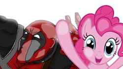 Size: 1366x768 | Tagged: artist needed, safe, pinkie pie, earth pony, pony, g4, against glass, crossover, deadpool, duo, female, fourth wall, fourth wall pose, glass, hilarious in hindsight, mare, simple background, white background