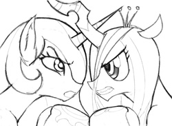 Size: 960x704 | Tagged: safe, artist:pugilismx, princess celestia, queen chrysalis, alicorn, changeling, changeling queen, pony, g4, boxing, boxing gloves, eye contact, female, gritted teeth, looking at each other, mare, monochrome