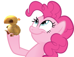 Size: 990x759 | Tagged: safe, pinkie pie, chocobo, earth pony, pony, g4, chicobo, cute, female, final fantasy, look what pinkie found, mare, meme, simple background, smiling, transparent background, weapons-grade cute