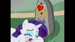 Size: 1920x1080 | Tagged: safe, artist:toothlessandhiccup, rarity, spike, pony, unicorn, g4, crying, eyes closed, female, fire ruby, funeral, grave, gravestone, grieving widow, implied death, mare, prone, rain, sad, ship:sparity, shipping, spike's death, straight