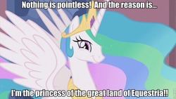 Size: 853x480 | Tagged: safe, edit, edited screencap, screencap, princess celestia, alicorn, pony, g4, season 2, the return of harmony, female, image macro, mare, metal wolf chaos, princess, solo