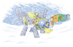 Size: 900x577 | Tagged: safe, artist:onkelscrut, derpy hooves, pegasus, pony, g4, blizzard, clothes, epic derpy, female, letter, mail, mailbag, mailpony, mare, mouth hold, scarf, snow, snowfall, solo
