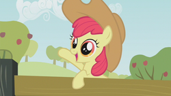 Size: 853x480 | Tagged: safe, screencap, apple bloom, earth pony, pony, g4, my little pony: friendship is magic, the last roundup, adorabloom, applejack's hat, cowboy hat, cute, female, fence, filly, happy, hat, solo, waving