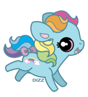 Size: 178x196 | Tagged: safe, artist:dizziness, rainbow dash (g3), earth pony, pony, g3, bow, chibi, colored pinnae, cute, dizziness's chibi ponies, female, g3 dashabetes, looking at you, mare, open mouth, open smile, outline, signature, simple background, smiling, solo, tail bow, transparent background