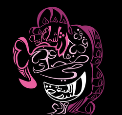 Size: 1497x1420 | Tagged: safe, artist:aaronmk, pinkie pie, earth pony, pony, g4, abstract, arabic, black background, calligraphy, female, simple background, solo