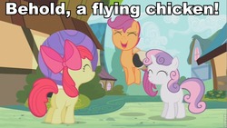 Size: 853x480 | Tagged: safe, edit, edited screencap, screencap, apple bloom, scootaloo, sweetie belle, chicken, earth pony, pegasus, pony, unicorn, g4, butt, cutie mark crusaders, eyes closed, female, filly, image macro, plot, scootachicken