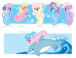 Size: 800x617 | Tagged: safe, artist:dizziness, high tide, sand dollar, sealight, seawinkle, wave jumper, wavedancer, dolphin, sea pony, g1, g4, bubble, fins, flowing mane, g1 to g4, generation leap, ocean, open mouth, open smile, smiling, swimming, underwater, water