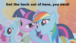 Size: 853x480 | Tagged: safe, edit, edited screencap, screencap, berry punch, berryshine, linky, rainbow dash, shoeshine, twilight sparkle, earth pony, pegasus, pony, unicorn, fall weather friends, g4, season 1, bionic commando, bound wings, female, image macro, mare, rainbow douche