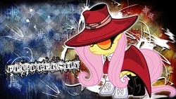 Size: 2560x1440 | Tagged: safe, artist:aloopyduck, fluttershy, pegasus, pony, g4, abstract background, alucard, alushy, female, hellsing, mare, solo, sunglasses, wallpaper