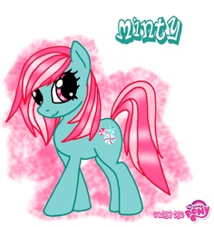 Size: 661x700 | Tagged: safe, artist:cathy_thepony, minty, earth pony, pony, g3, g4, abstract background, female, g3 to g4, generation leap, logo, mare, solo
