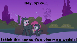 Size: 853x480 | Tagged: safe, edit, edited screencap, screencap, pinkie pie, spike, dragon, earth pony, pony, g4, it's about time, caption, catsuit, duo, female, food, ice cream, ice cream cone, image macro, male, mare, night