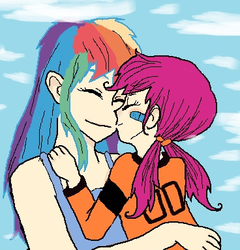 Size: 368x384 | Tagged: safe, artist:applecider1412, rainbow dash, scootaloo, human, g4, bandaid, duo, eyes closed, female, hug, humanized, scootalove, smiling