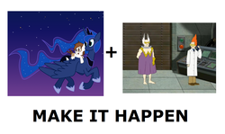 Size: 1337x796 | Tagged: safe, pipsqueak, princess luna, alicorn, earth pony, pony, g4, aqua teen hunger force, colt, doctor weird, exploitable meme, female, flying, implied anal vore, implied vore, it hungers, make it happen, male, mare, meta, night, ponies riding ponies, steve