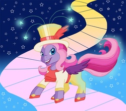 Size: 845x748 | Tagged: safe, artist:peppersupreme, starsong, pegasus, pony, g3, abstract background, clothes, female, g3betes, hat, mare, solo, sparkly eyes, top hat, wingding eyes
