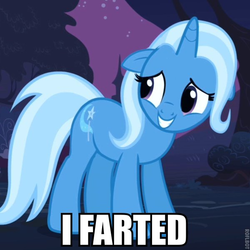 Size: 600x600 | Tagged: safe, edit, edited screencap, screencap, trixie, pony, unicorn, g4, caption, female, floppy ears, image macro, implied farting, mare, solo, text