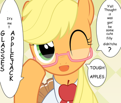 Size: 900x765 | Tagged: safe, artist:yuki endo, applejack, earth pony, pony, g4, clothes, cute, female, glasses, hatless, it was me, jackabetes, looking at you, mare, missing accessory, schoolgirl, solo, translation, wink