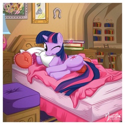 Size: 1040x1040 | Tagged: safe, artist:mysticalpha, applejack, derpy hooves, fluttershy, twilight sparkle, pegasus, pony, unicorn, g4, bed, bedroom, book, butt, cute, dock, female, golden oaks library, heart, horseshoes, lamp, looking at you, looking back, mare, on side, one eye closed, pillow, plot, solo, twiabetes, wink, winking at you