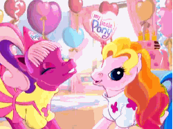 Size: 480x360 | Tagged: safe, cheerilee (g3), toola-roola, earth pony, pony, g3, official, animated, balloon, cheerileeder, cheerleader, clothes, commercial, cute, duo, duo female, female, frame by frame, g3 cheeribetes, g3betes, gif, hat, hilarious in hindsight, mare, party, party hat, roolabetes, shirt, skirt