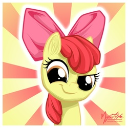Size: 720x720 | Tagged: safe, artist:mysticalpha, apple bloom, earth pony, pony, g4, abstract background, female, filly, looking at you, smiling, smirk, solo, sunburst background